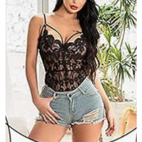 Avidlove Lace Teddy One-piece Strappy Bodysuit Lingerie | Black, Small - Picture 2 of 2